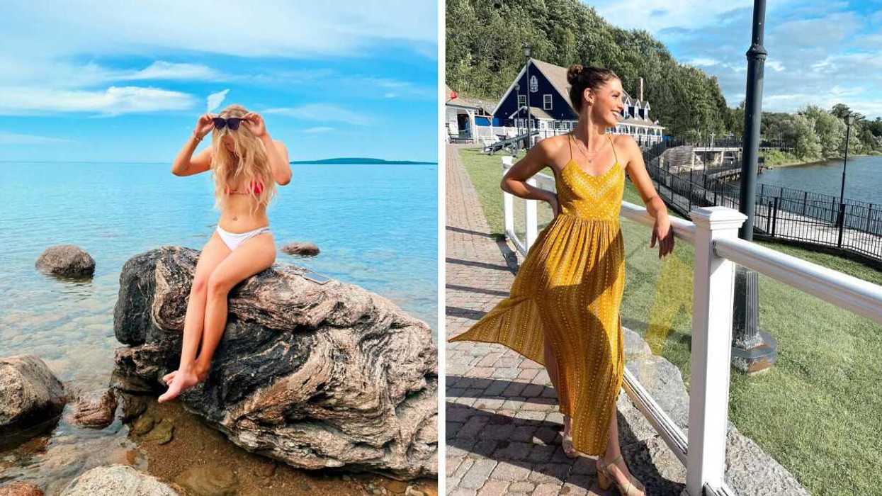 A person sitting on a rock. Right: A person standing by a shoreline.