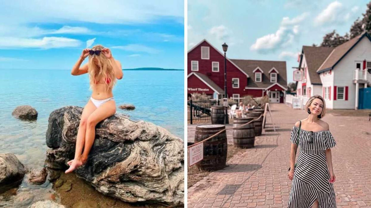 A person sitting on a rock. Right: A person standing in a historic village.