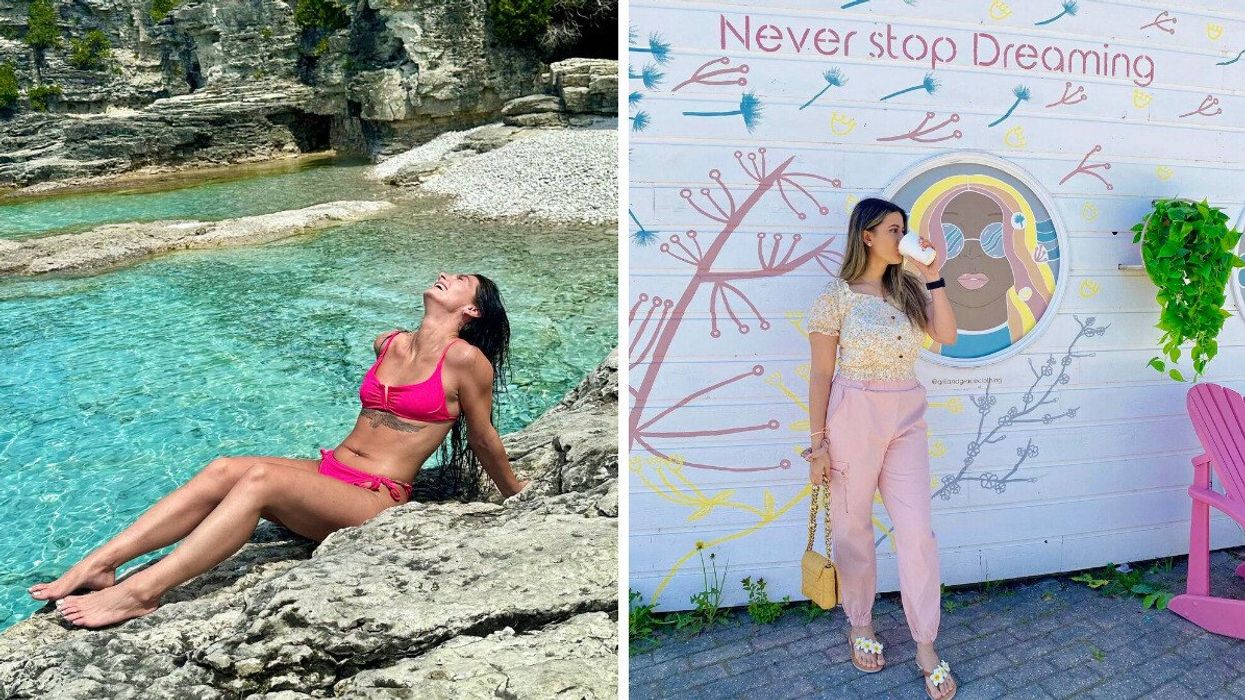 A person sitting on a rocky beach. Right: A person drinking coffee by a mural.