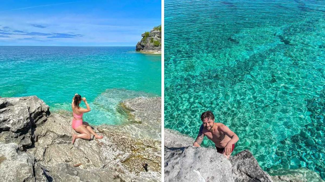 A person sitting on a rocky beach. Right: A person on a rocky shoreline.