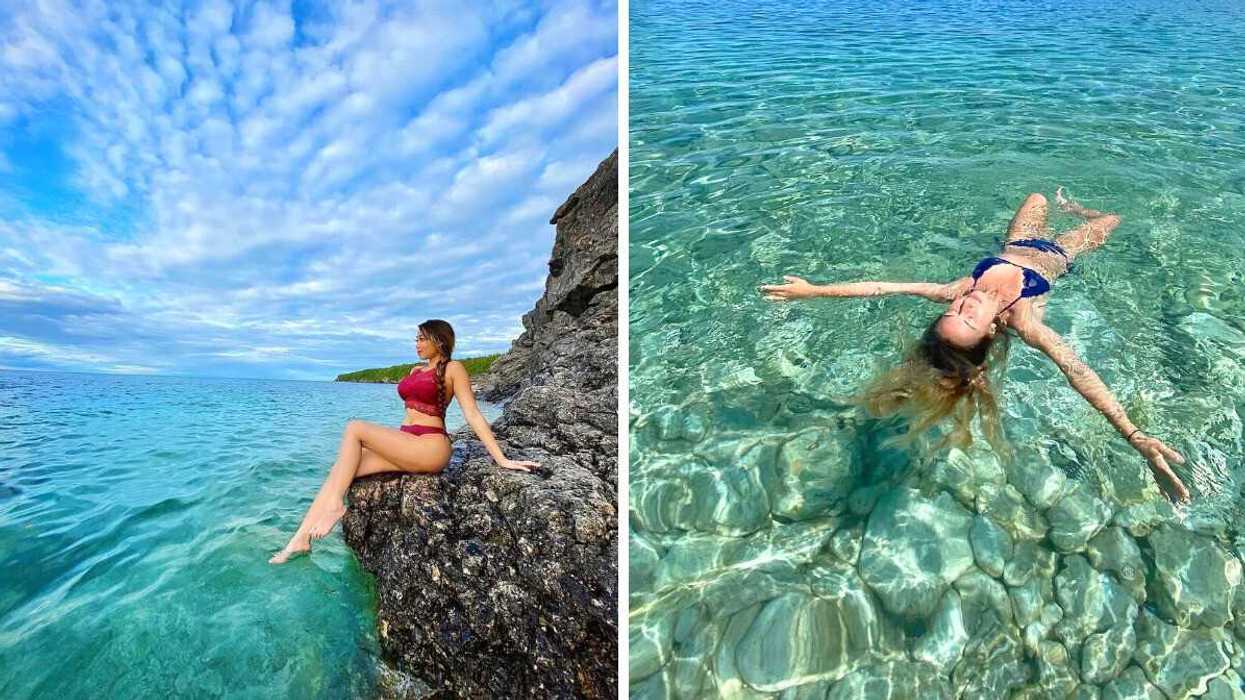 A person sitting on a rocky shore. Right: A person floating in clear water.