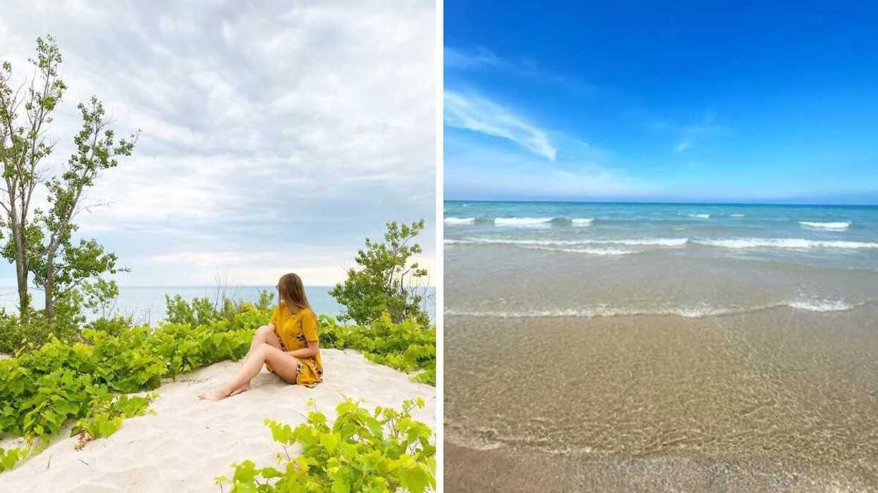 A person sitting on a sandy beach. Right: A beach with clear waters.