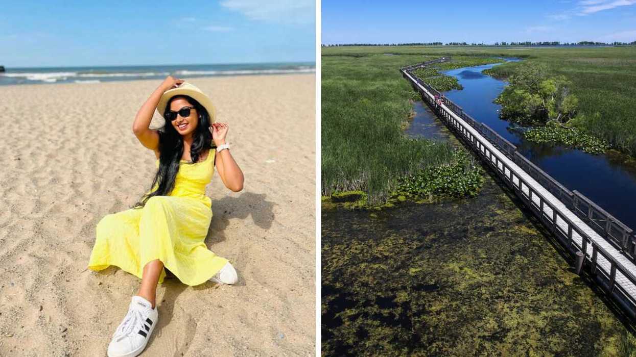 A person sitting on a sandy beach. Right: A boardwalk trail.