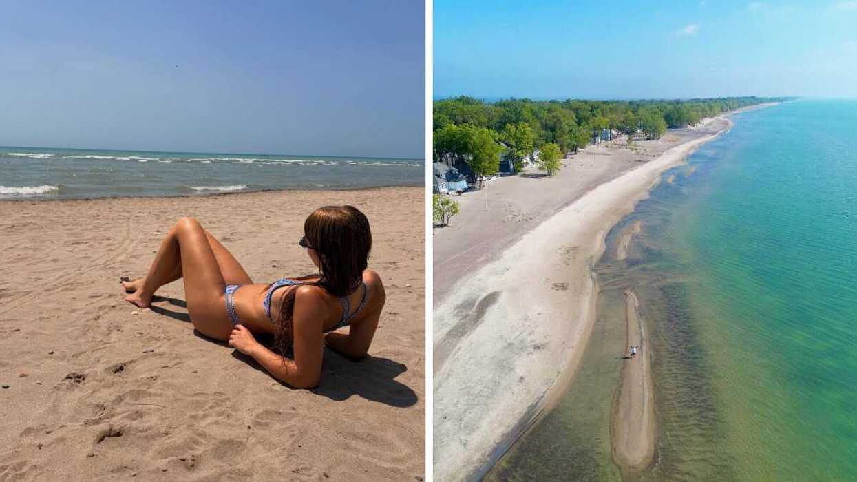 A person sitting on a sandy beach. Right: An aerial view of a beach.