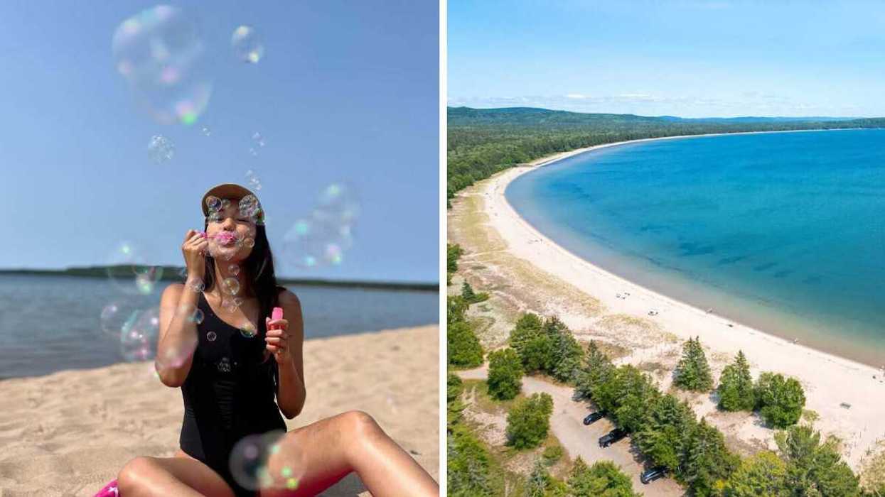 A person sitting on a sandy beach. Right: An aerial view of a sandy beach.