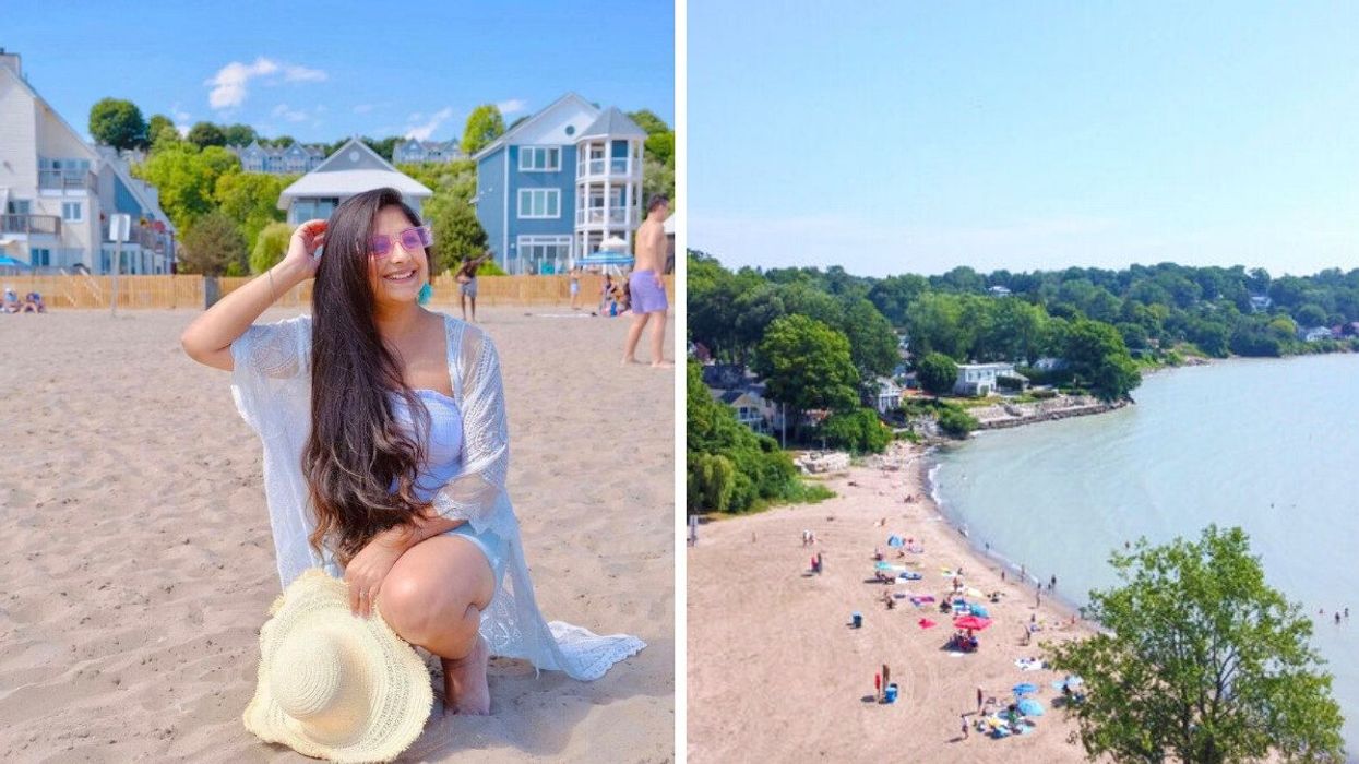 A person sitting on a sandy beach. Rigth: An aerial view of a beach.