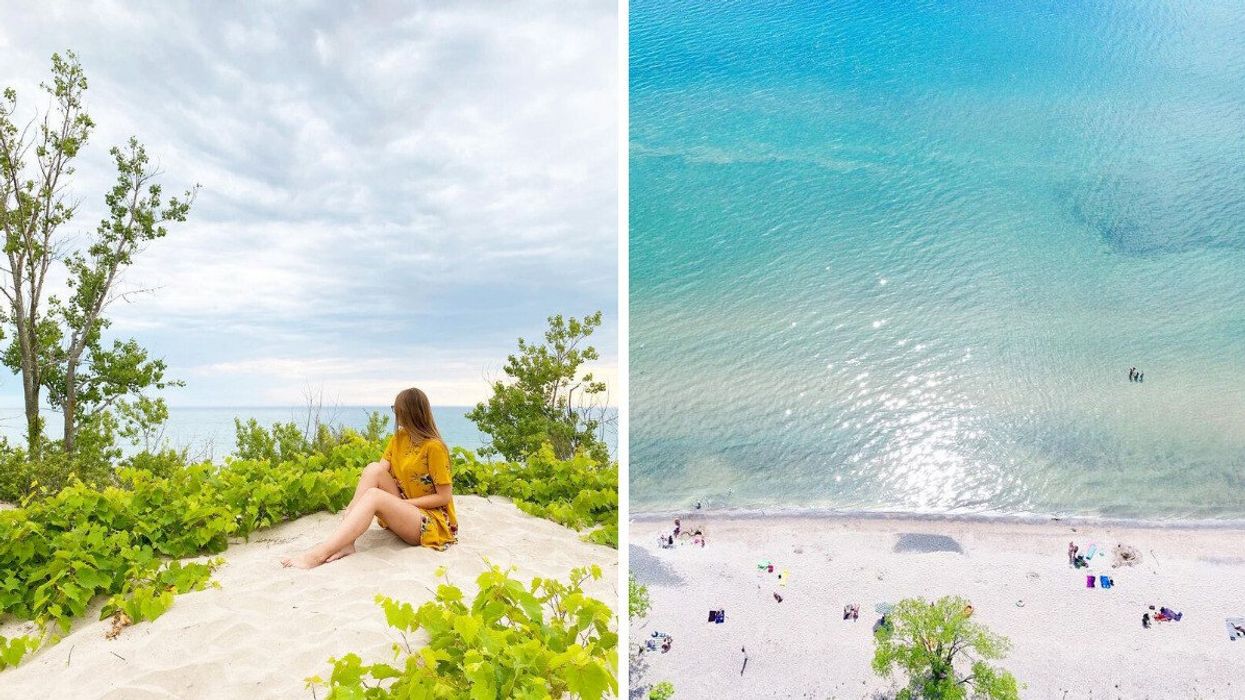 A person sitting on a sandy shore. Right: A beach with turquoise water.
