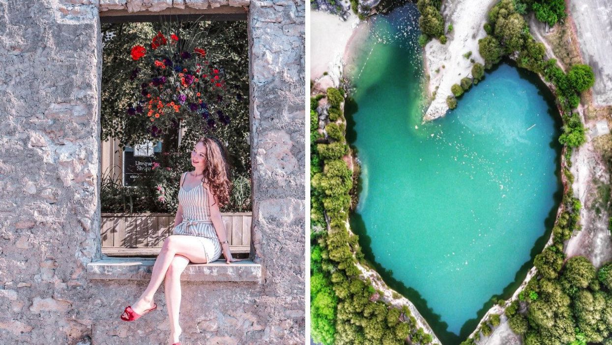 A person sitting on a stone wall. Right: A swimming hole with turquoise water.