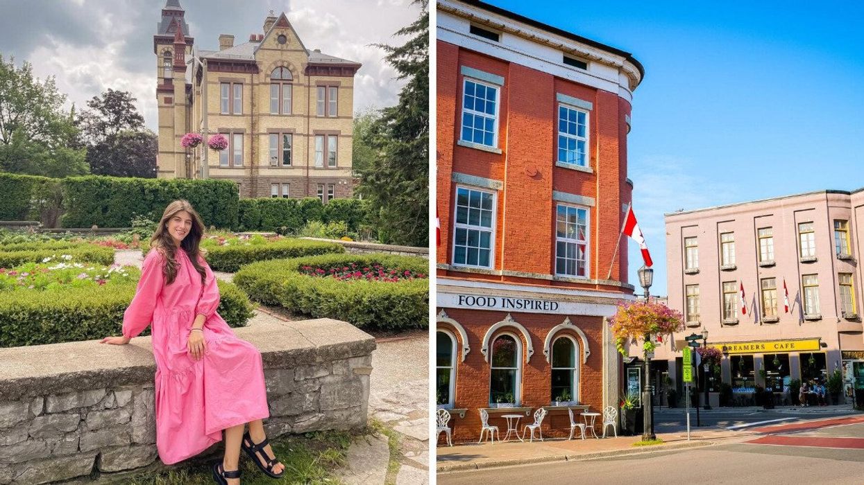A person sitting on a stone wall. Right: Historic buildings along a street.