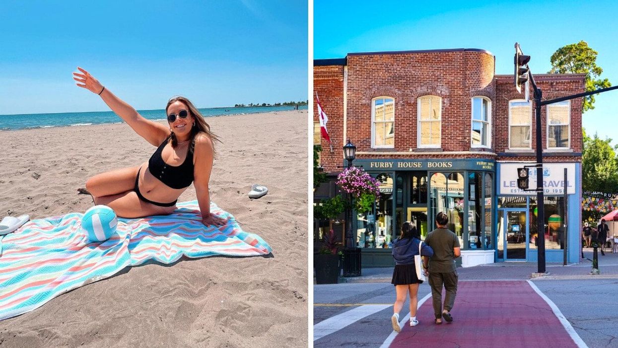 A person sitting on a striped beach towel by the water. Right: Two people walking across a road.