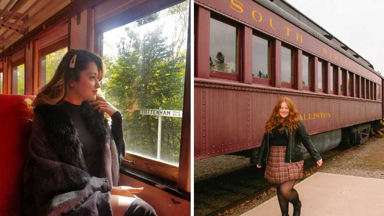 A person sitting on a train. Right: A person standing beside a train.