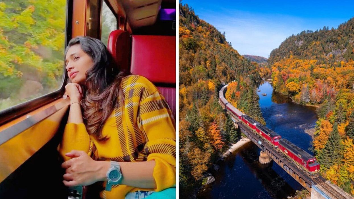 A person sitting on a train. Right: A train riding through fall colours.