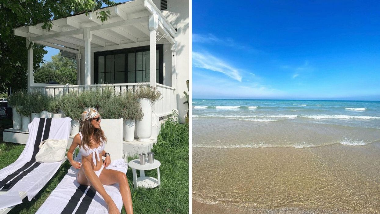 A person sitting on an outdoor chair. Right: A sandy beach.