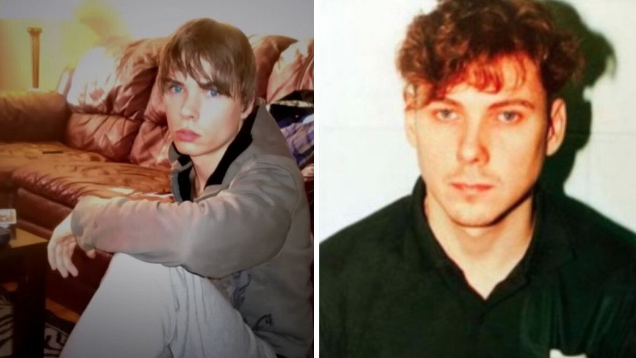 A person sitting on the floor in front of a couch and looking at the camera. Right: A man looking straight into the camera.