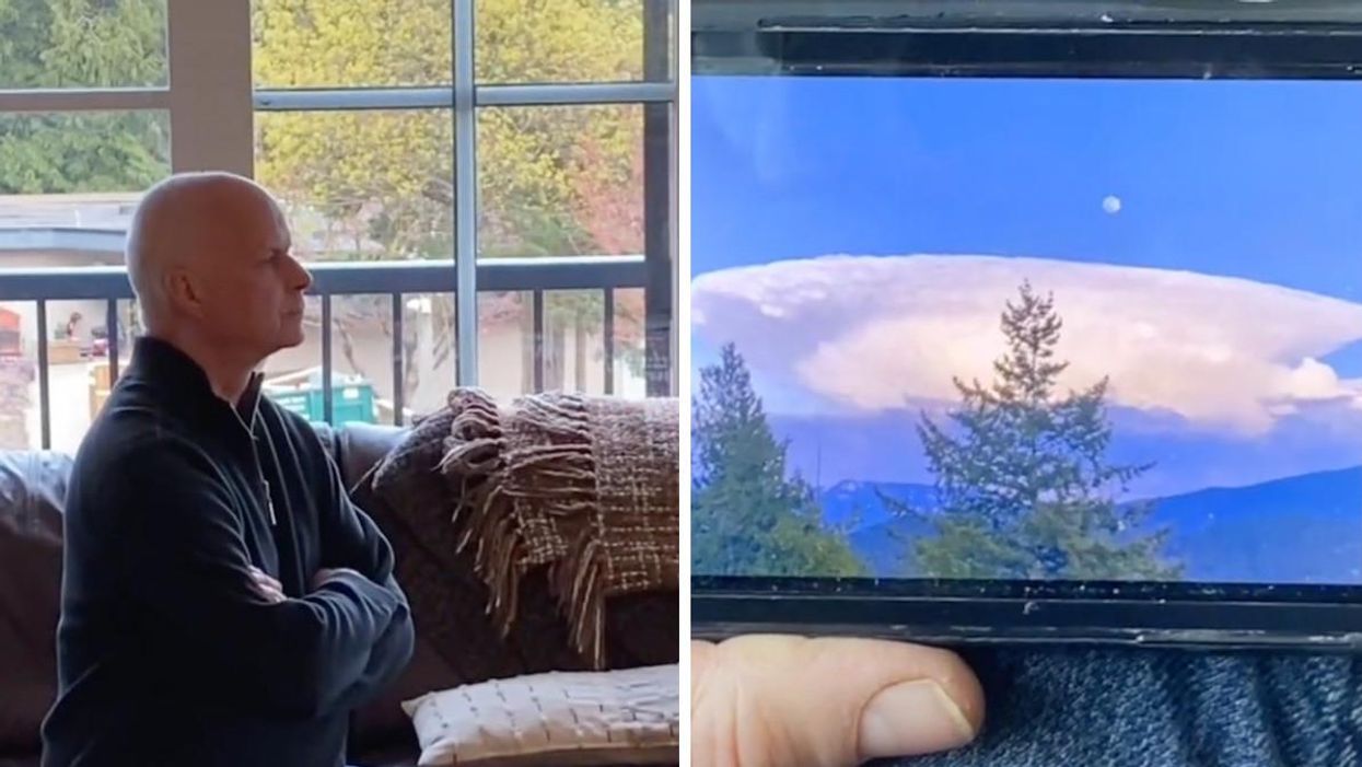 A person sitting on the sofa watching TV. Right: Photo of a cool cloud in BC.