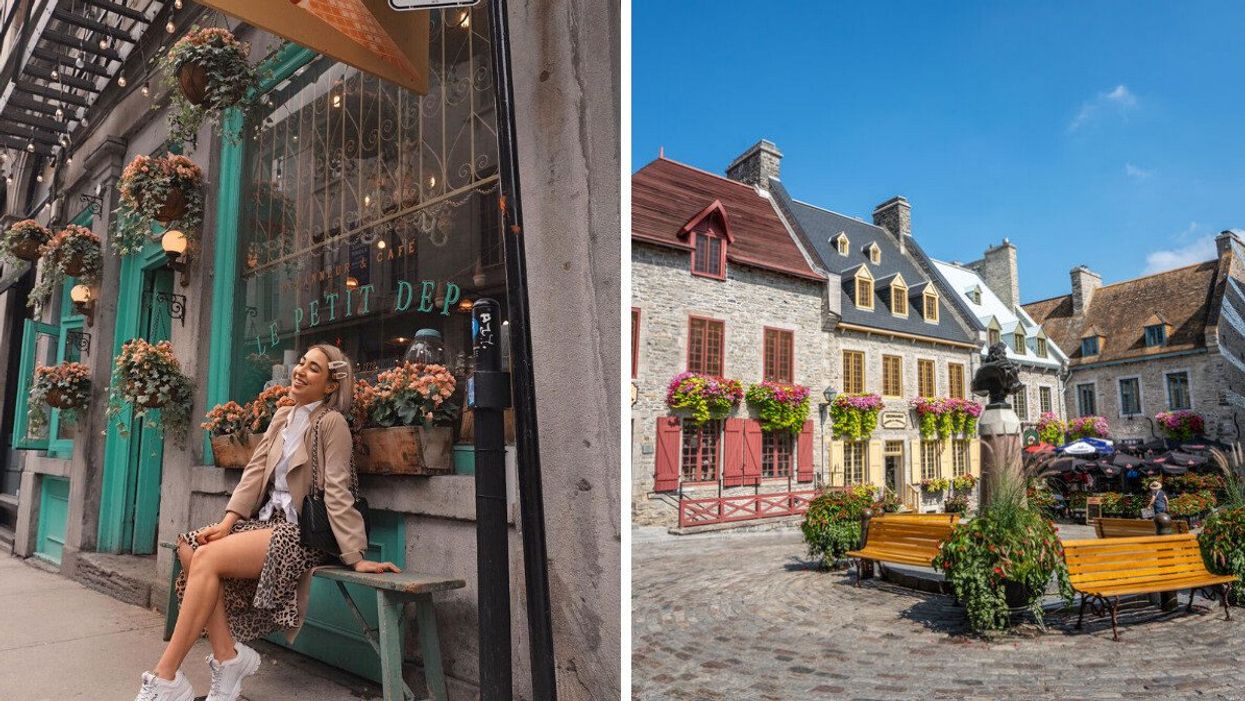 A person sitting outside a cafe. Right: Historic buildings with flowerpots.