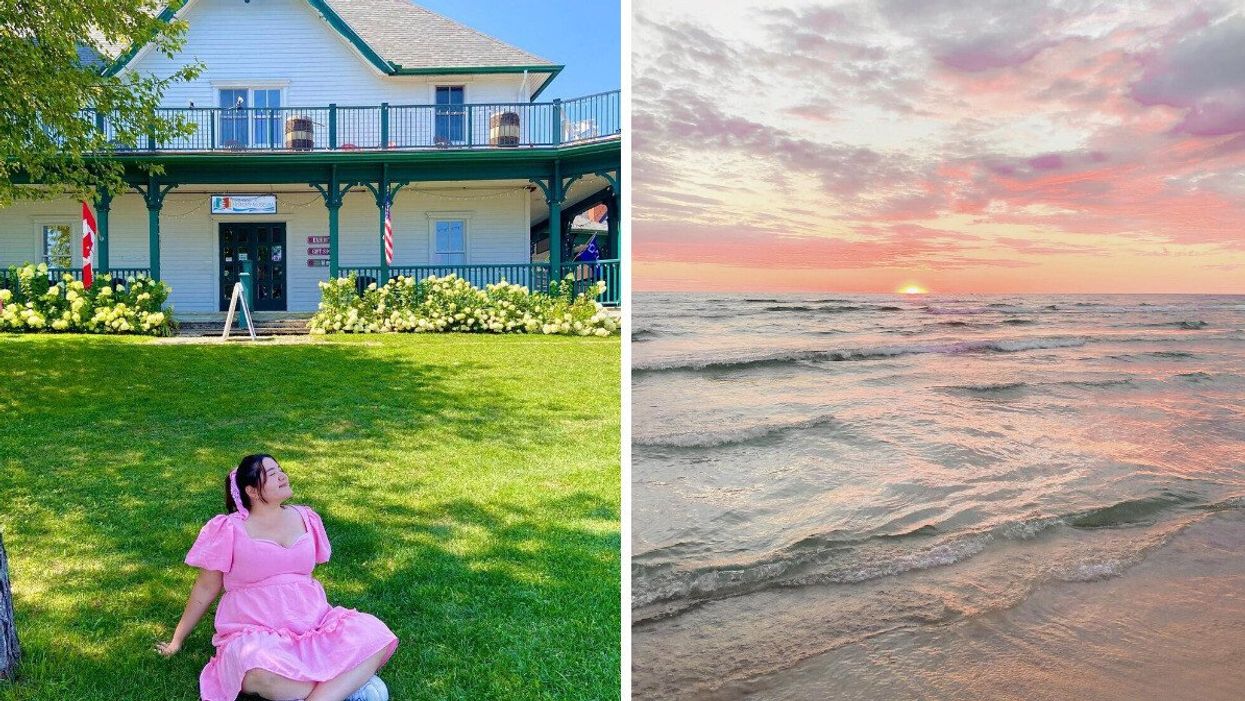 A person sitting outside a historic building. Right: A beach sunset.