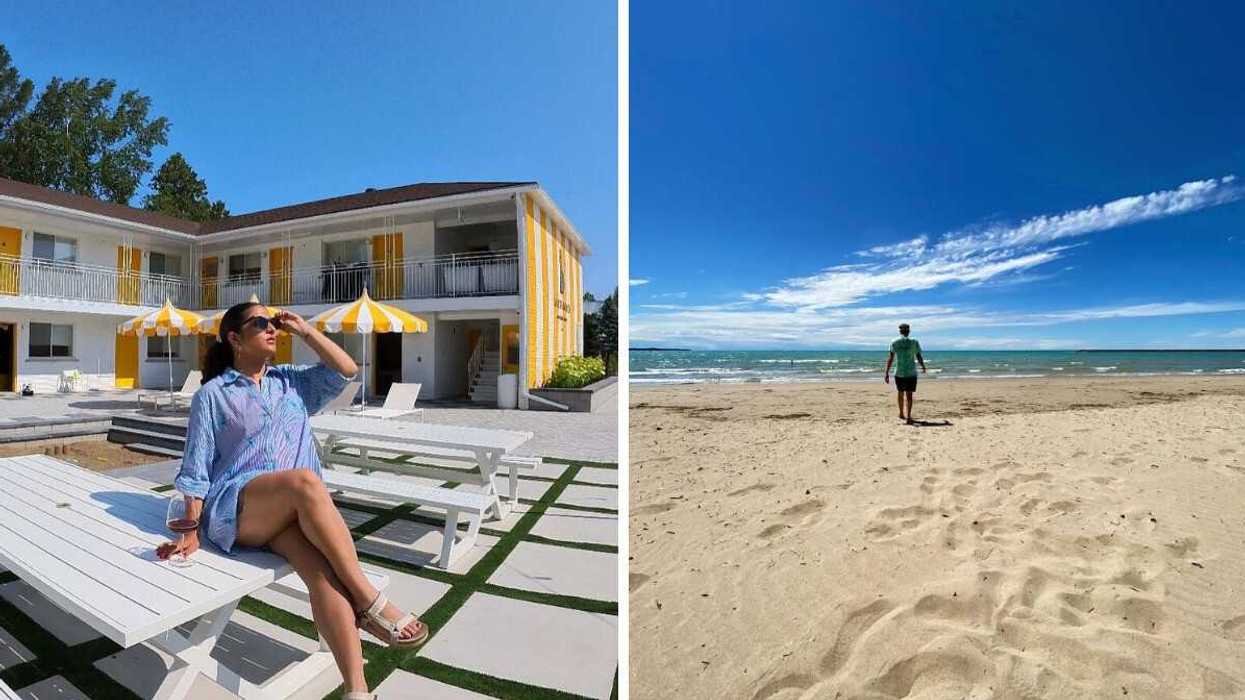 A person sitting outside a motel. Right: A person walking on a sandy beach.