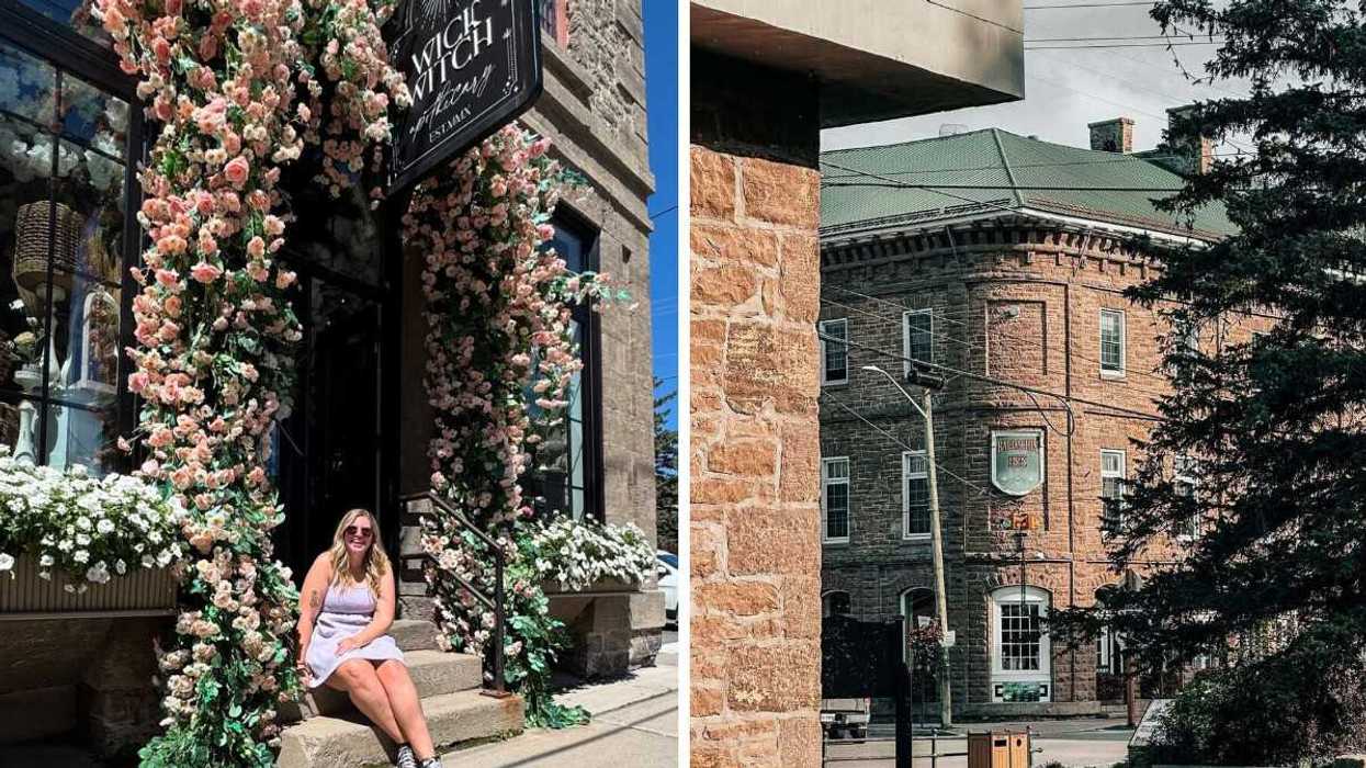 A person sitting outside a shop. Right: A historic stone building.
