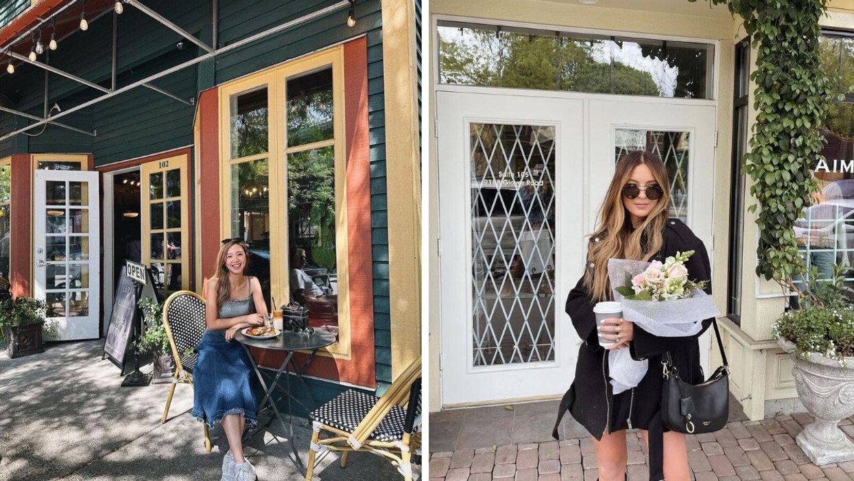 A person sitting outside of a cafe with a plate of food and drink on the table. Right: A person holding a bouquet of flowers and a coffee in front of a shop.