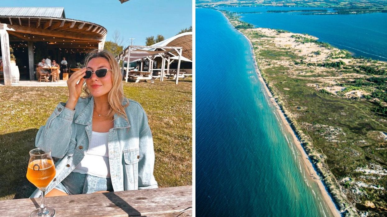 A person sitting outside with a wine glass. Right: An areial view of a beach.