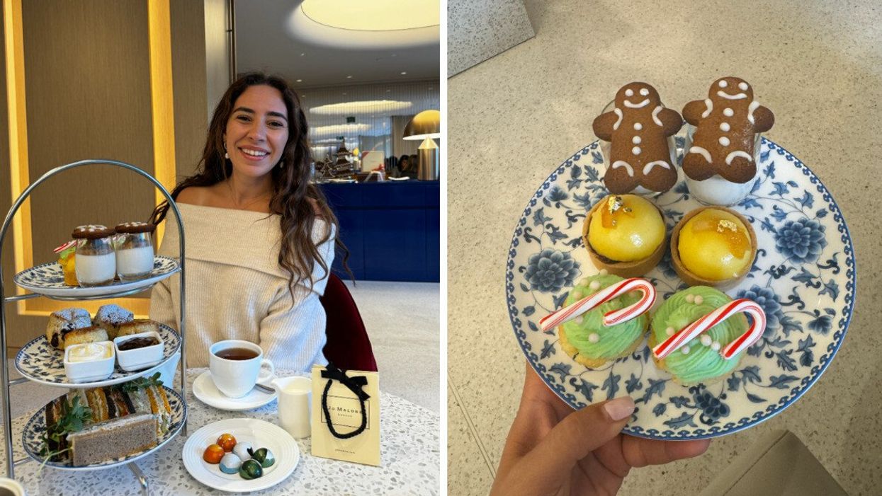 A person sitting with a cup of tea, an afternoon tea tower and a plate of chocolates. Right: Three different kinds of desserts on a plate, one with a gingerbread cookie, another with gold and last with candy cane.