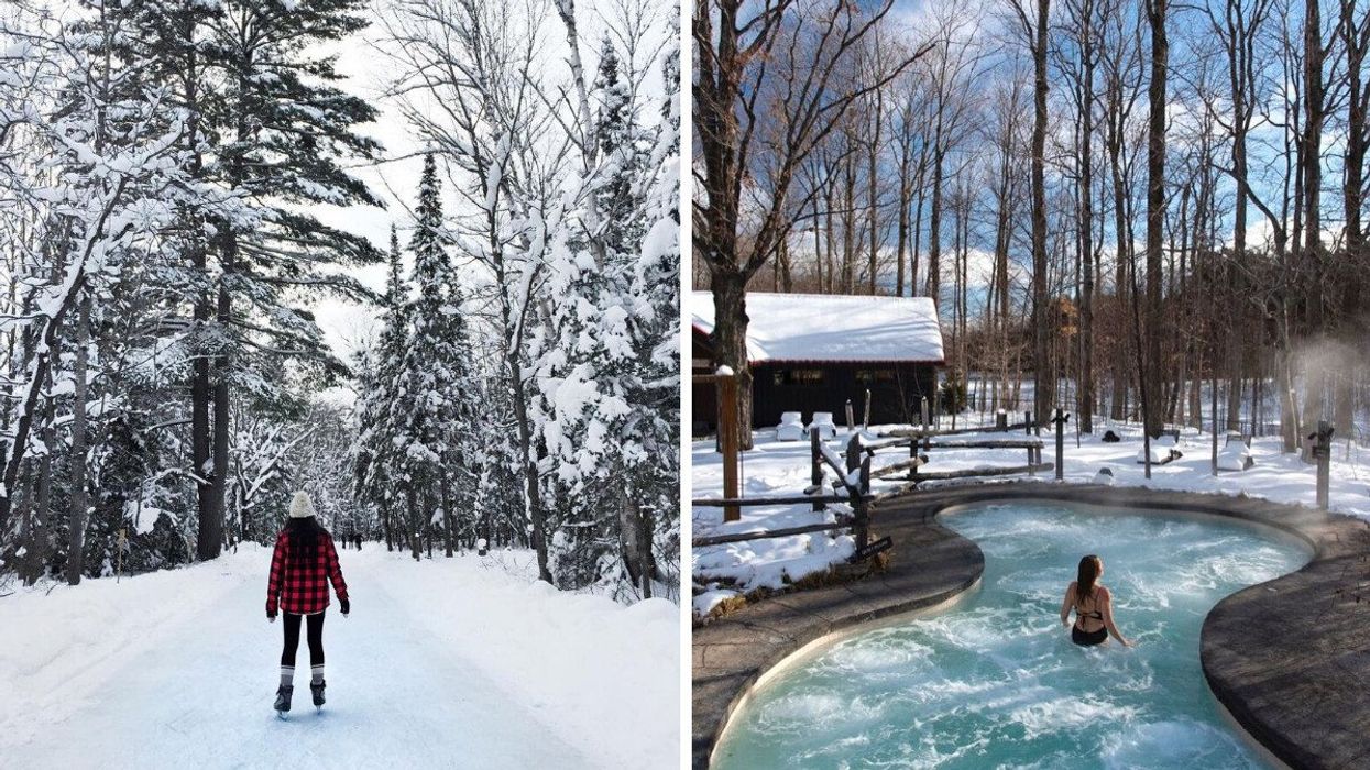 A person skates on an ice trail in a forest. Right: A person soaks in an outdoor thermal pool.