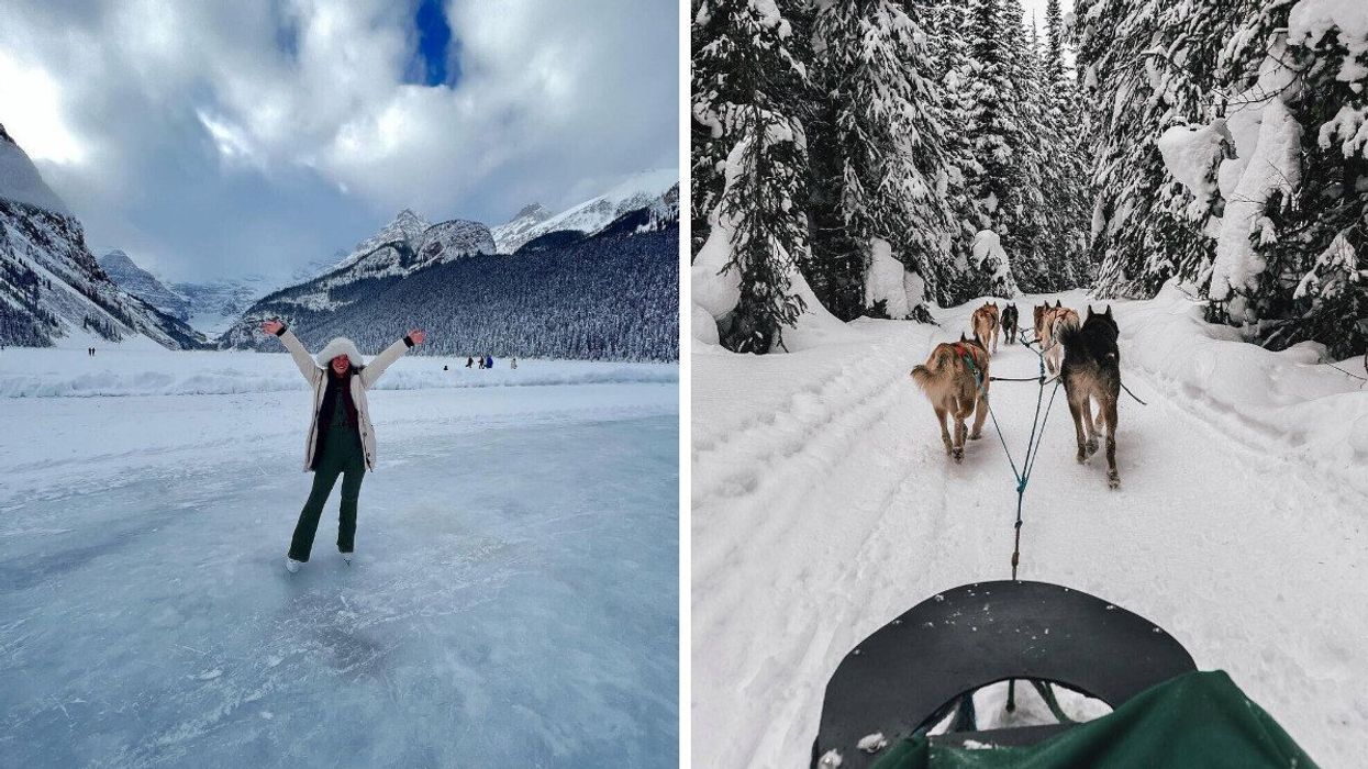 A person skates on Lake Louise. Right: Dog sledding in B.C.