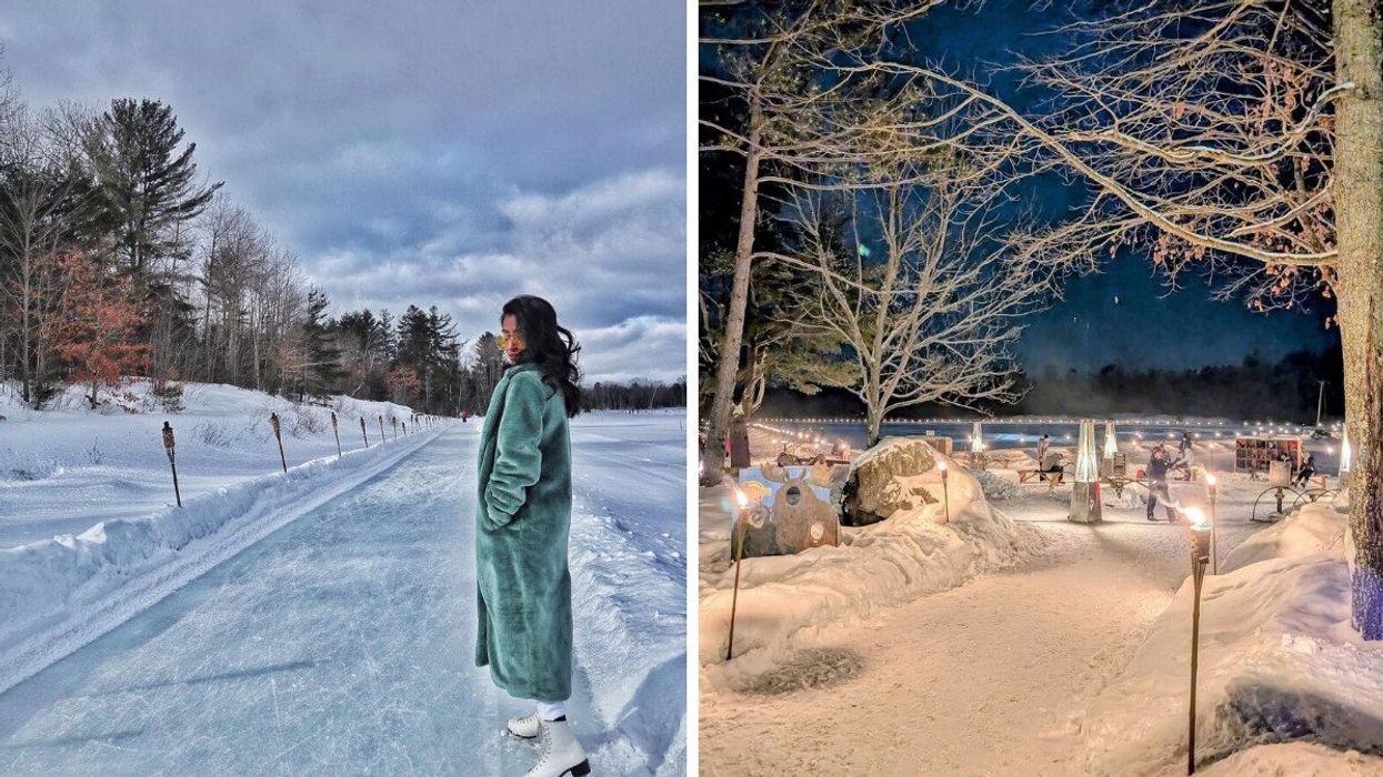 A person skating on an ice trail. Right: An ice trail at night.