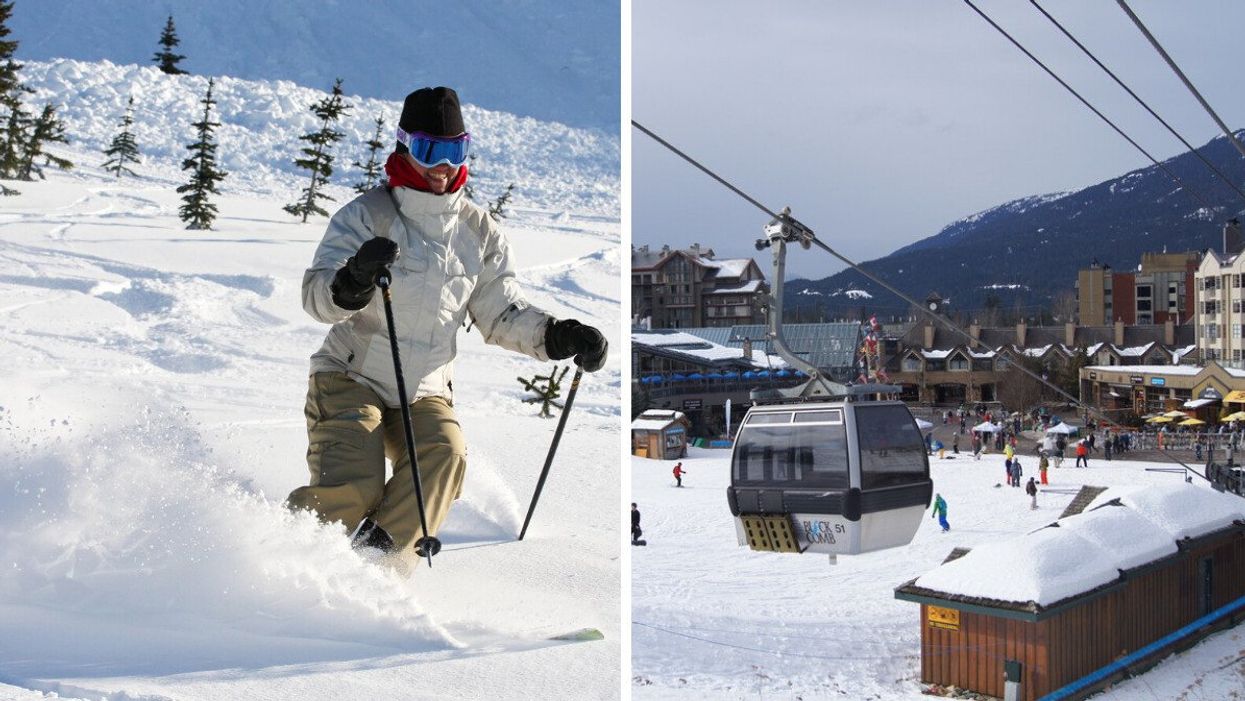 A person skiing down the snowy mountain in Whistler, BC. Right: A gondola going up the mountain at Whistler Blackcomb ski resort in British Columbia.