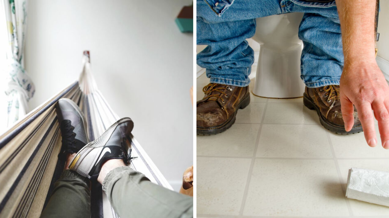 A person sleeping on a hammock. Right: Reaching for toilet paper.