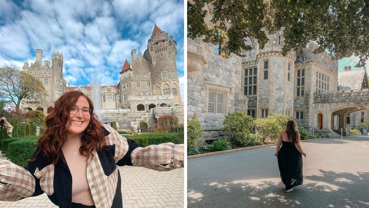 A person smiles and poses at Casa Loma, Ontario. Right: A person walks beside Hatley Castle, Victoria.