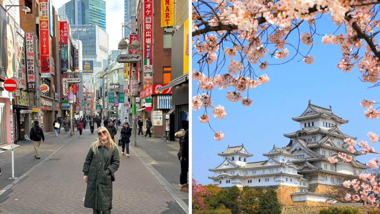 A person smiles and poses in Tokyo, Japan. Spring cherry blossoms and the main tower of the famous Himeji Castle, Japan.
