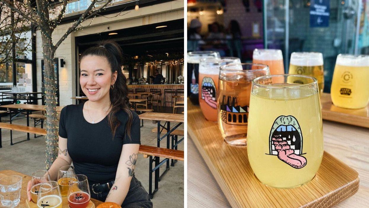 A person smiles and poses with drinks at Bandit Brewery, Toronto. Right: A variety of craft beers in branded glasses on a tray.