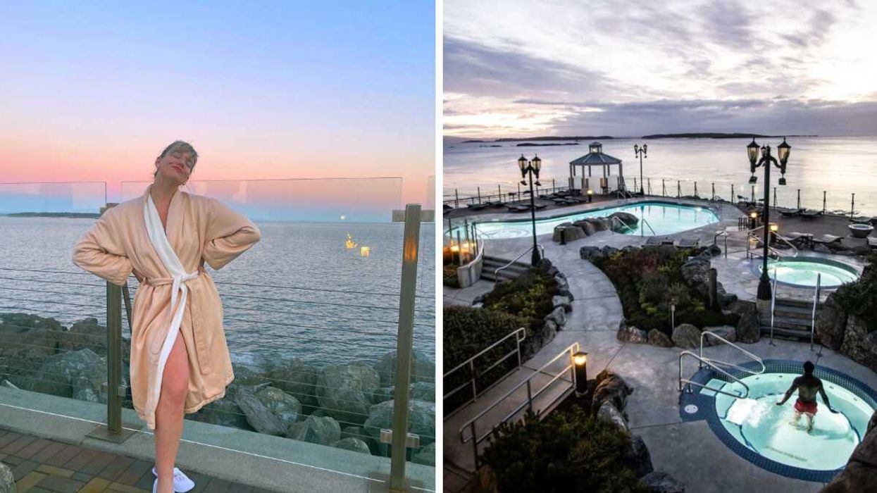 A person smiles in a cozy robe with ocean views behind them. Right: The ocean views at Oak Bay Beach Hotel, Victoria.
