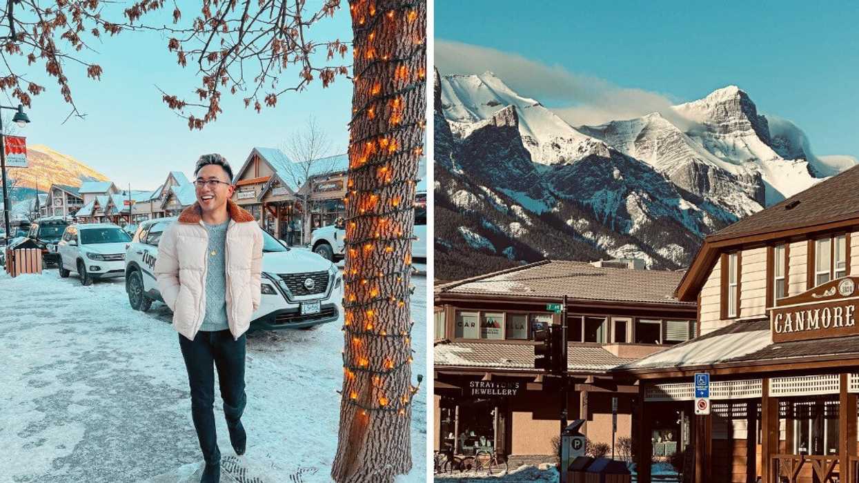 A person smiles, surrounded by snow and twinkling lights. Right: Cozy buildings, with a snow-capped mountain range in the background.