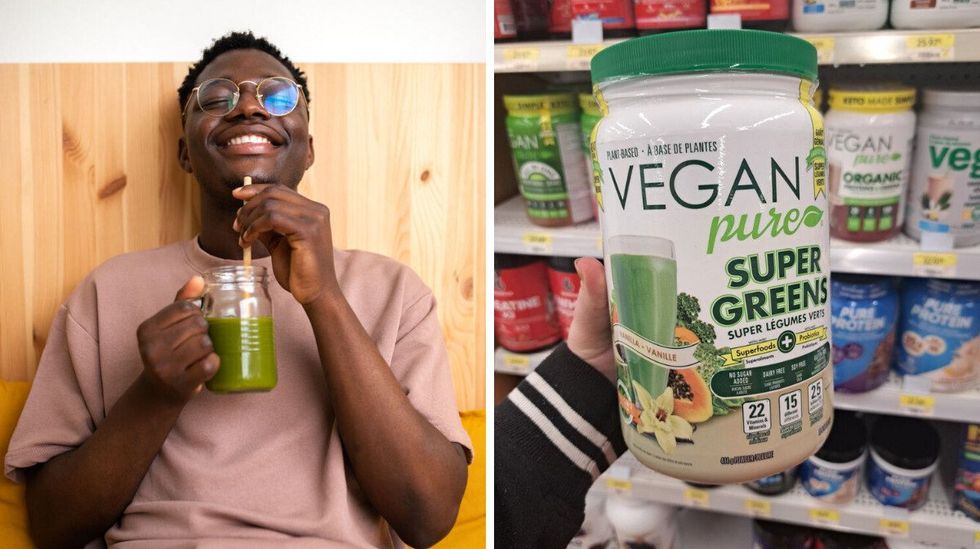 A person smiles while sipping green juice. Right: A tub of vegan greens powder at Walmart.