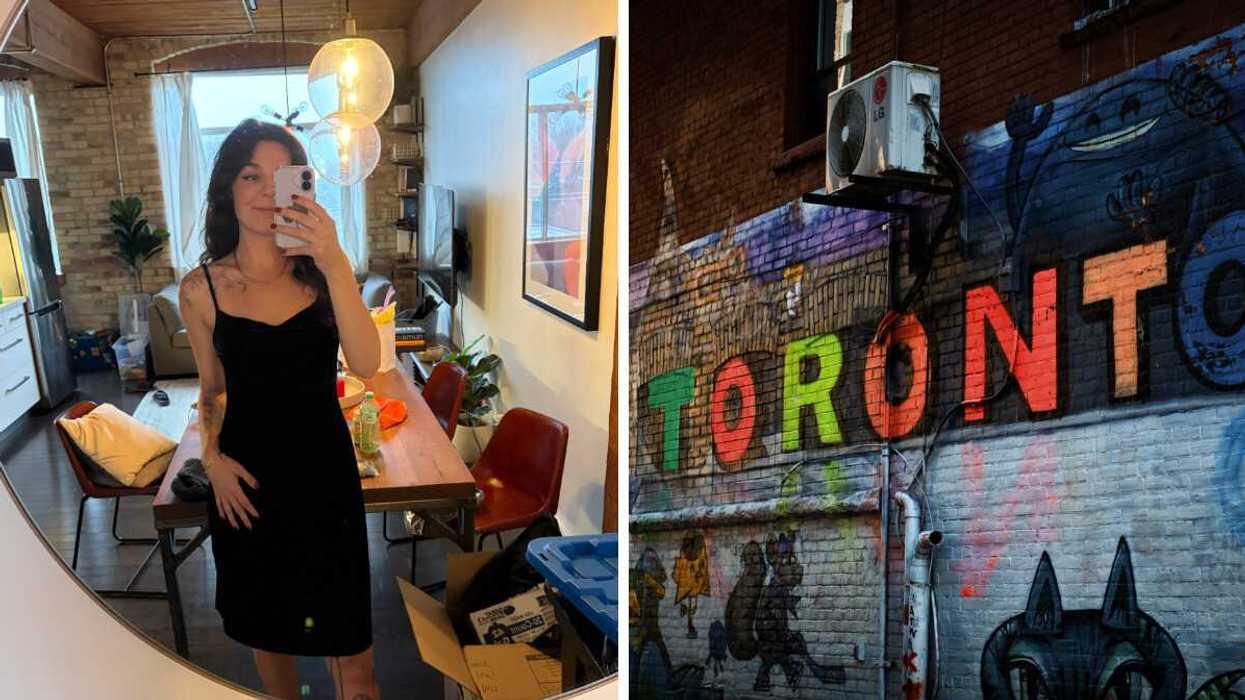 A person smiling in a mirror. Right: Graffiti that says Toronto.