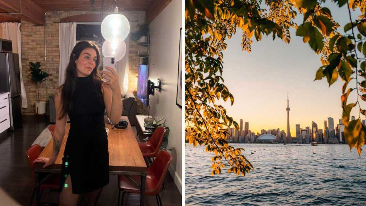 A person smiling in a mirror selfie. Right: The Toronto Skyline from Lake Ontario.