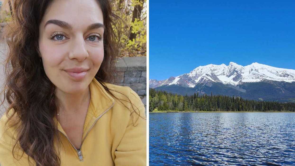 A person smiling. Right: A lakeside mountain.