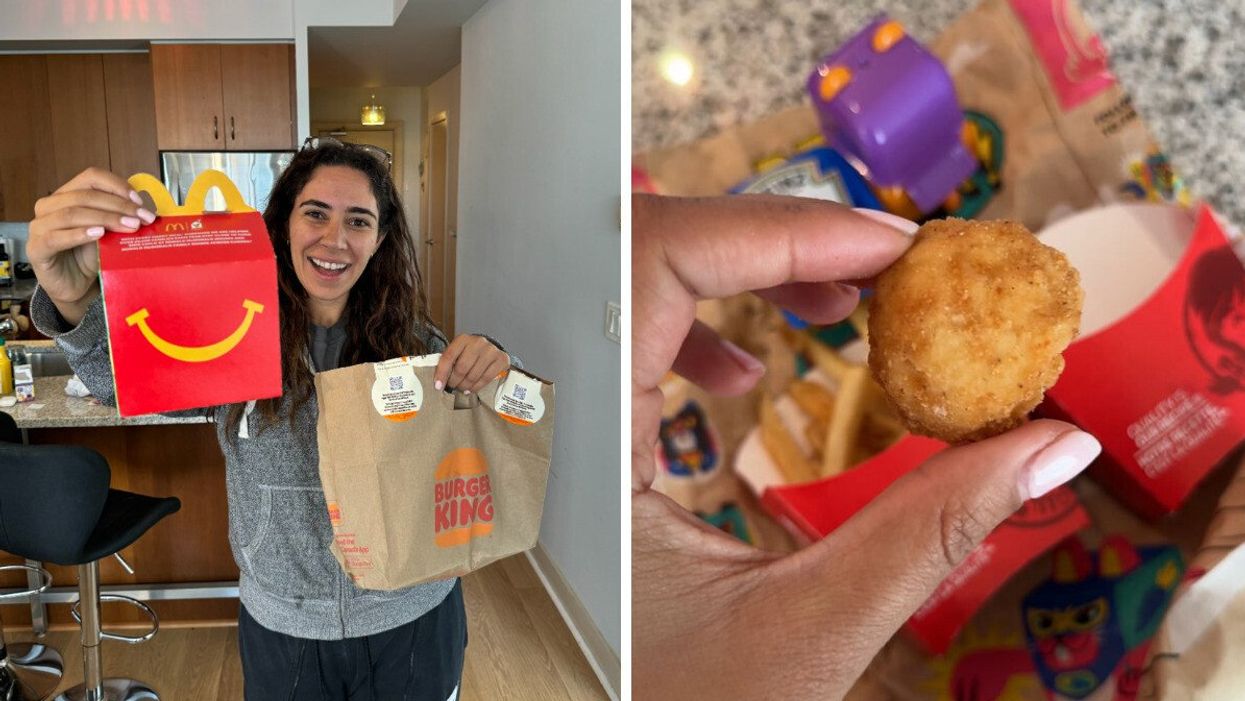 A person smiling while holding a McDonald's Happy Meal and a Burger King take-out bag. Right: A chicken nuggets kids meal from Wendy's Canada.