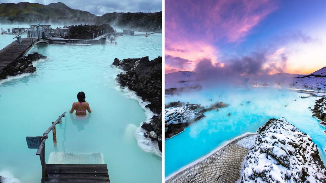 A person soaks in the Blue Lagoon in Iceland. Right: Iceland's Blue Lagoon.