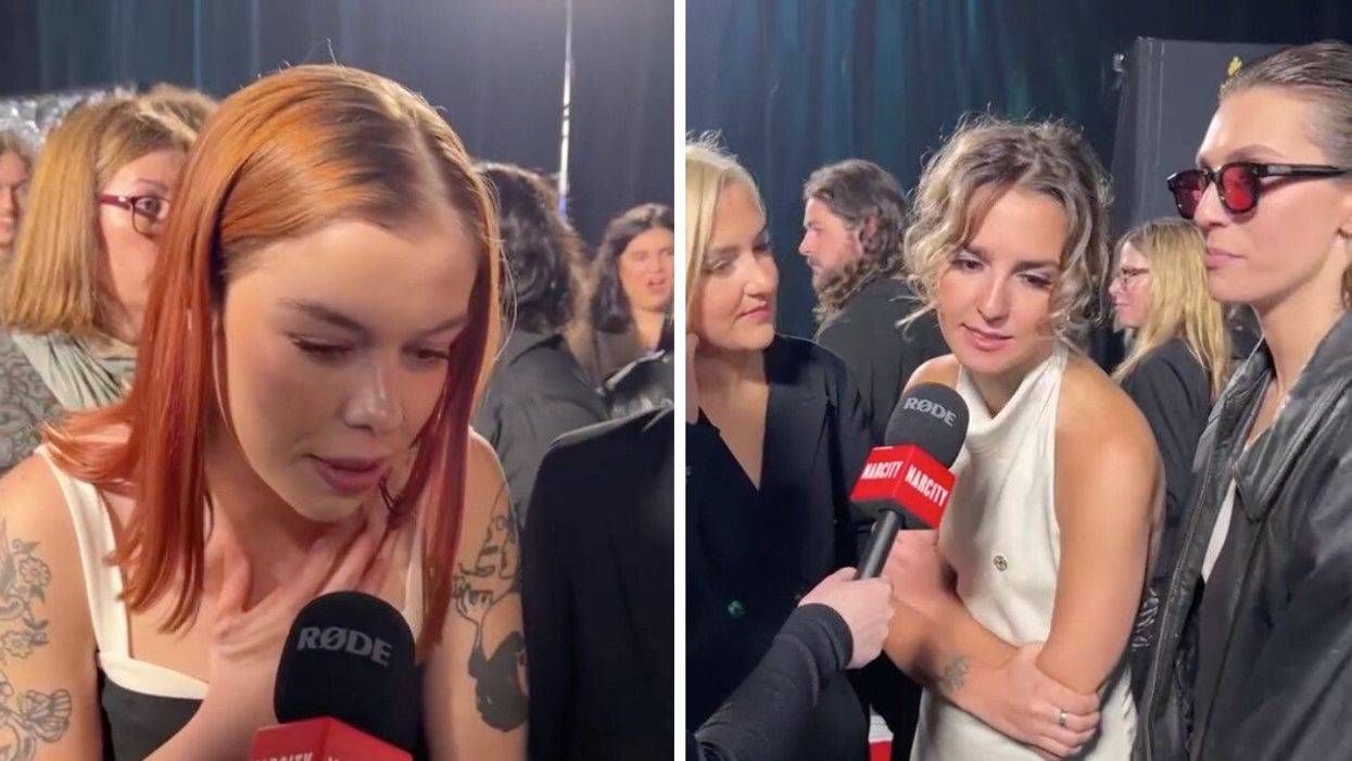 A person speaking into the microphone. Right: A group of three people with one speaking into the microphone.