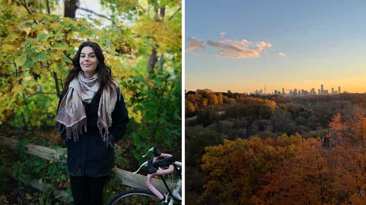 A person standing among greenery and a bicycle. Right: Toronto's skyline with trees.