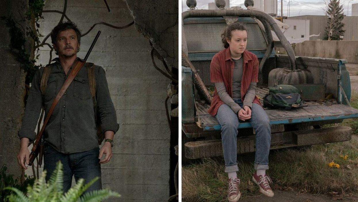 A person standing and looking off camera with a serious expression. Right: A person in a grey t-shirt, red short-sleeve button up, jeans and sneakers sitting in the bed of a truck.