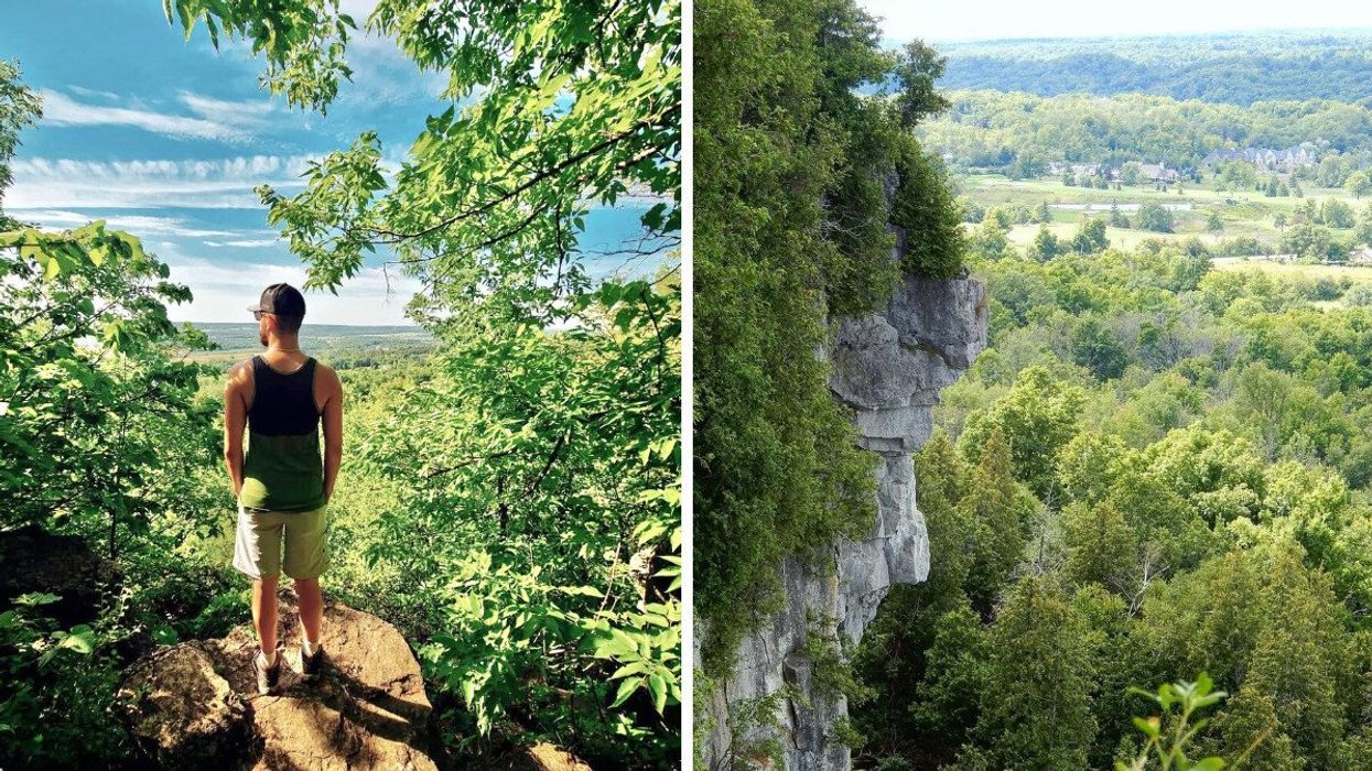A person standing at a lookout point. Right: An escarpment edge.
