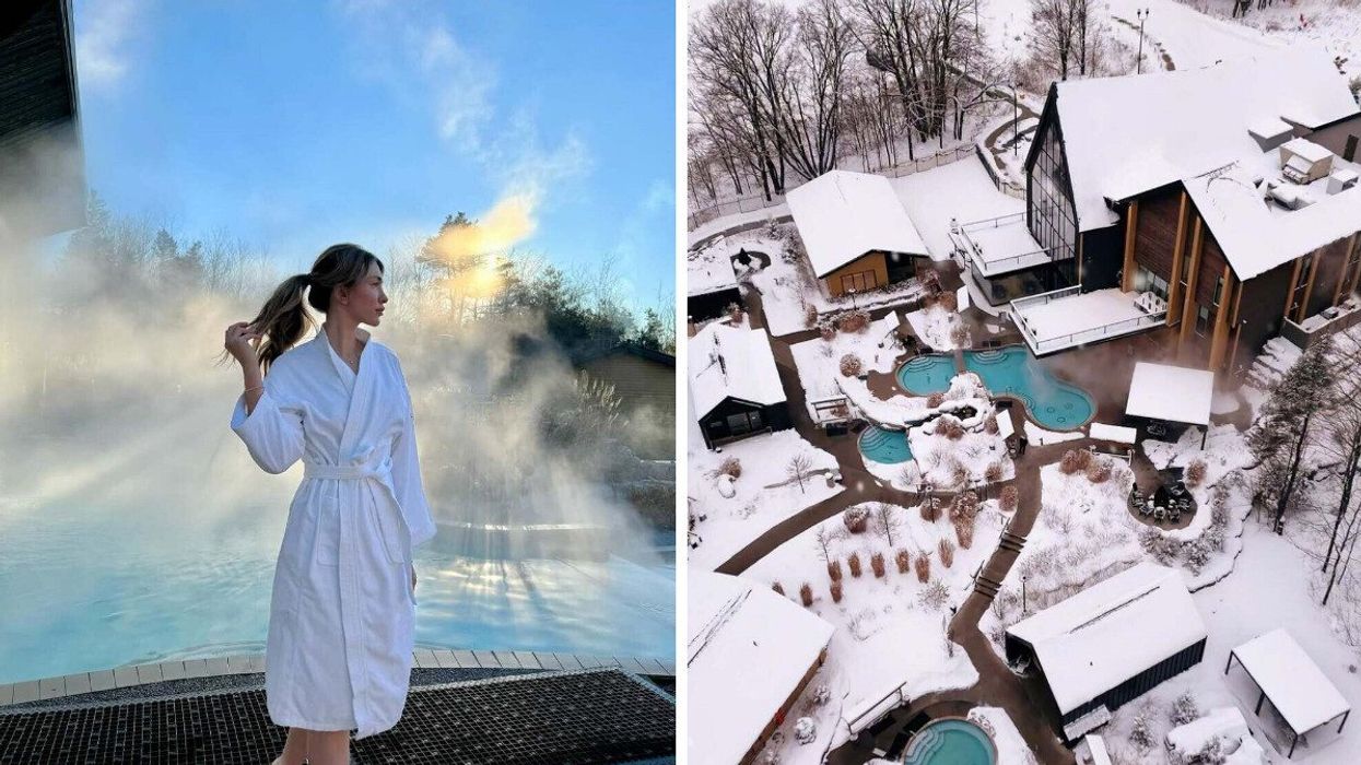 A person standing at a spa. Right: A spa during the winter.