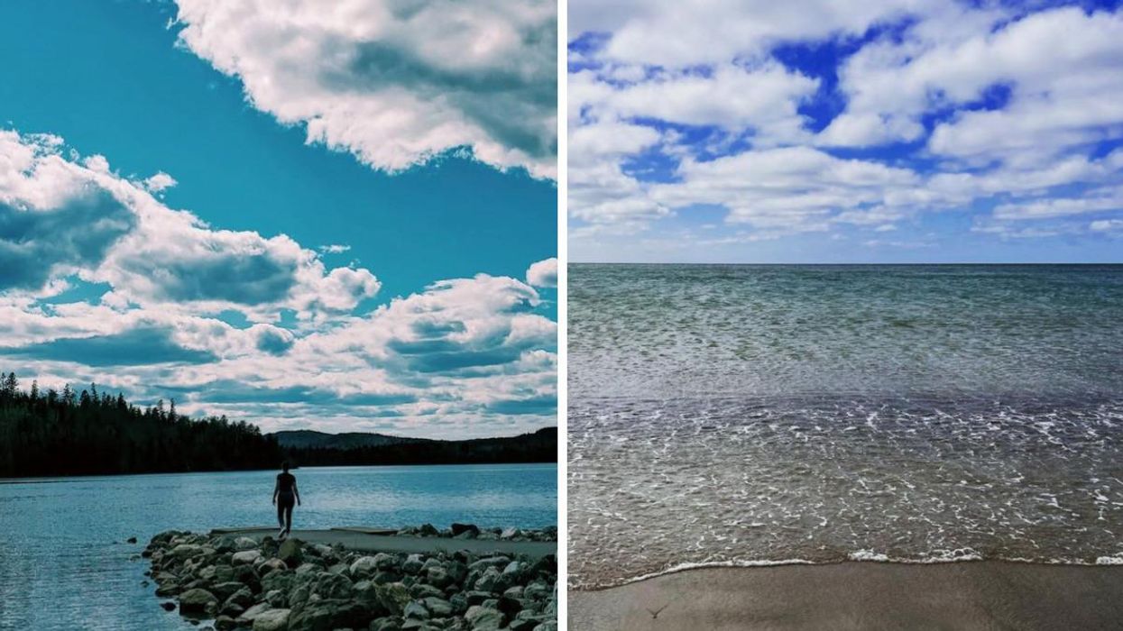 A person standing at Meenan's Cove Beach. Right: Waves at Martinique Beach Provincial Park.
