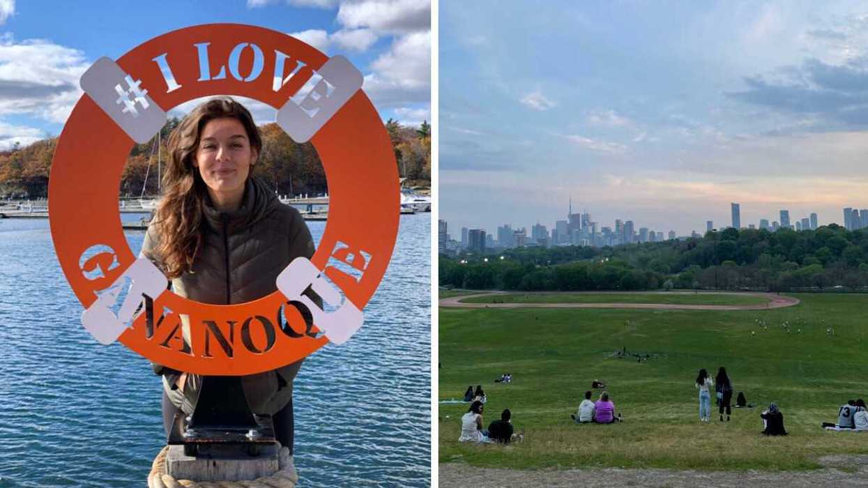 A person standing behind a sign that says I love gananoque. Right: People sitting on riverdale hill in toronto.