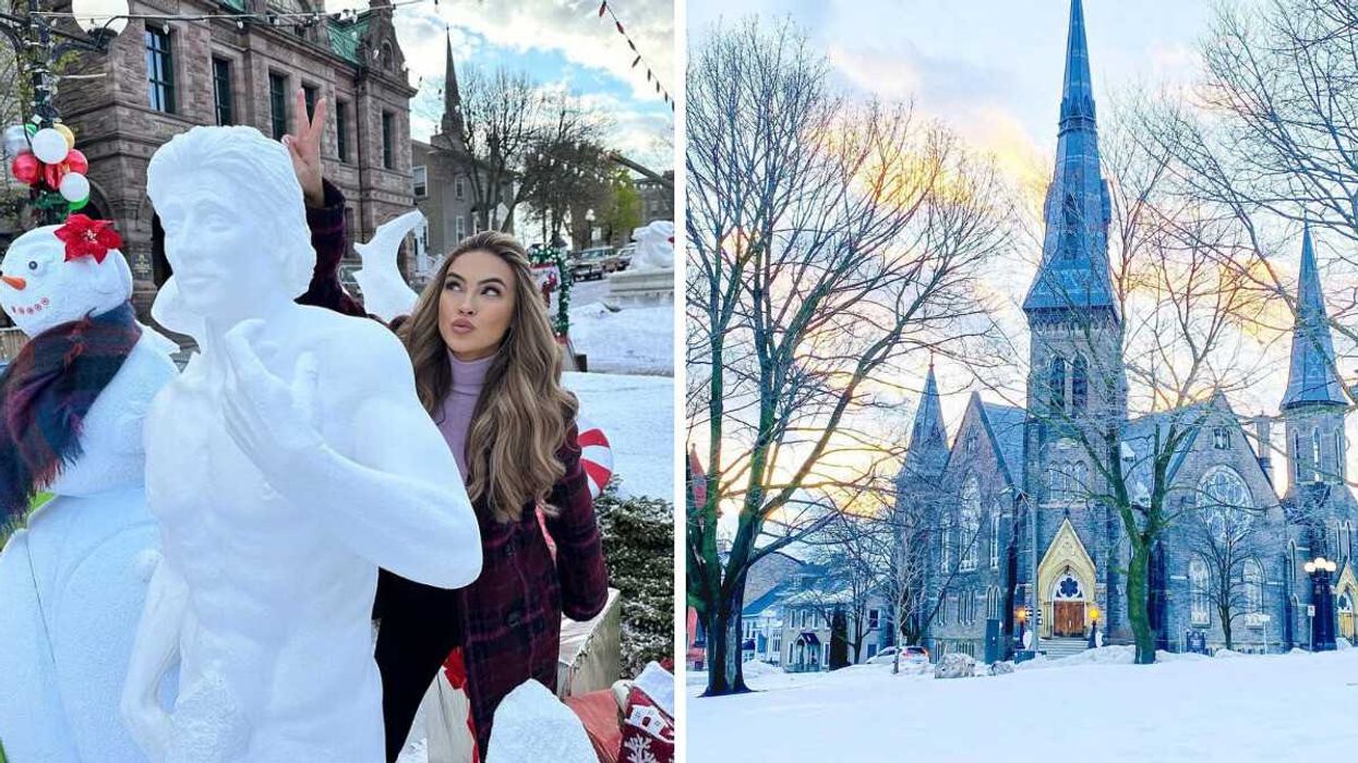A person standing behind a snow sclupture. Right: A church in the snow.